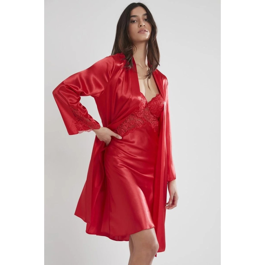 Saten Dantelli Kadın Gecelik ve Sabahlık Takımı - 4050 Kırmızı