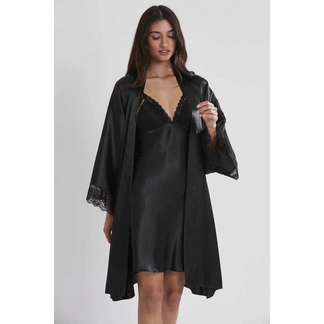 Saten Dantelli Kadın Gecelik ve Sabahlık Takımı - 4250 Siyah