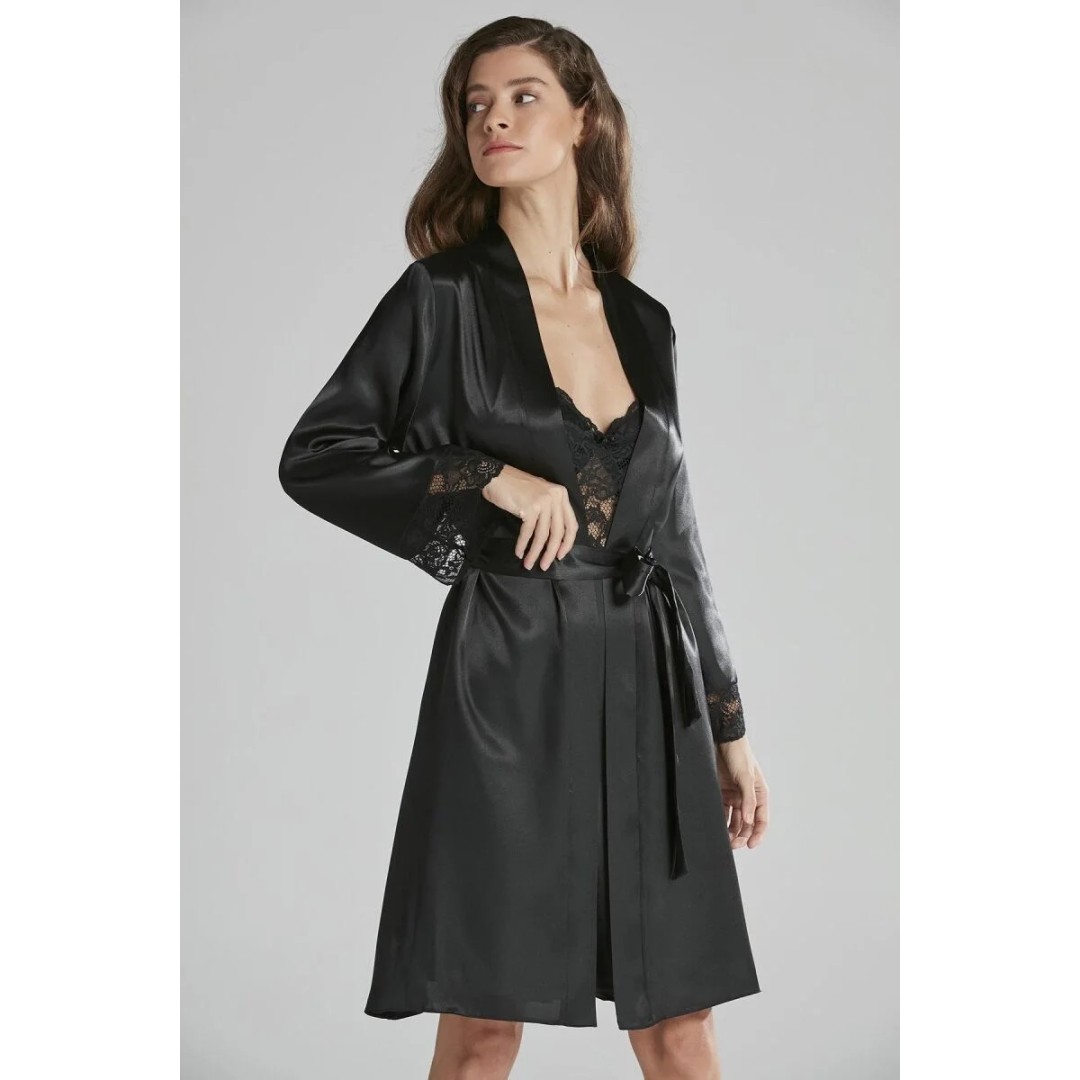 Saten Dantelli Kadın Gecelik ve Sabahlık Takımı - 4265 Siyah