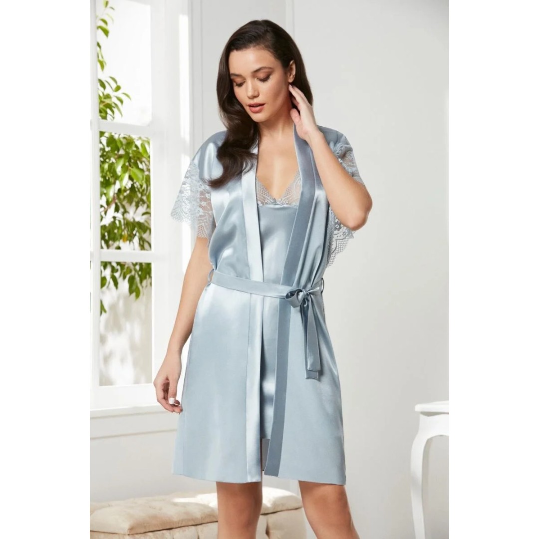 Saten Dantelli Kadın Gecelik ve Sabahlık Takımı - 4438 Mist